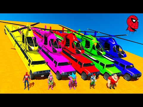 Colored Spiderman & Super Heroes driving Super Cars & Big Trucks in long race track