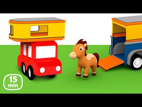 Cuatro coches coloreados construyen un remolque para un caballo.