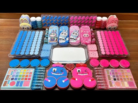 Glossy Slime Mixing Battle 💙 Blue vs Pink Labubu Fun! #50