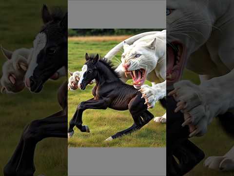 Black horse vs white panther fight for baby #horse #whitelion #lion #animalbattle #animals #shorts
