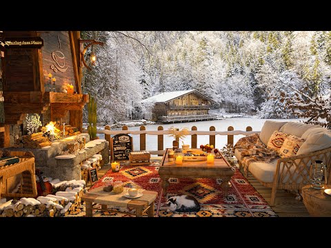 Winter Cabin with Fireplace in a Cozy Coffee Shop 4K | Jazz Music to Relax & Study