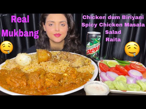 Eating Chicken Dum Biryani with Spicy Chicken Masala, Salad, Raita| Mukbang Eating Show