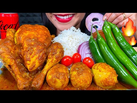 ASMR SPICY WHOLE CHICKEN CURRY, EGG CURRY, CHILI, BASMATI RICE MUKBANG MASSIVE Eating Sounds