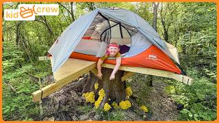 Camping in tent treehouse to escape storm after building it. Educational | Kid Crew