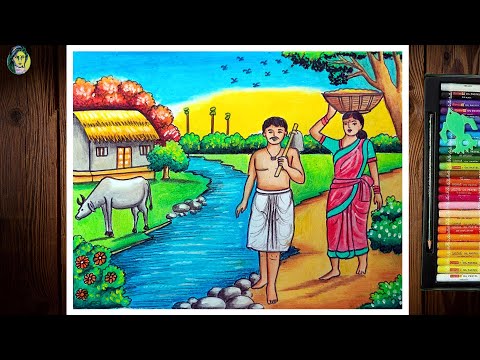 Village Drawing Easy | Beautiful Village Scenery Drawing | How To Draw Village Scenery Step By Step