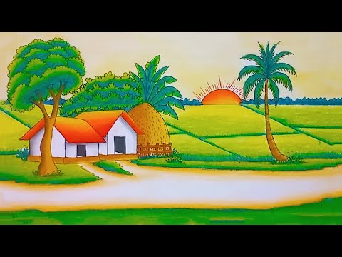 How to Draw a Beautiful Village Landscape with Farmland | Easy Step-by-Step Oil Pastel Tutorial