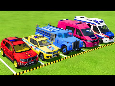 TRANSPORTING POLICE CARS, FIRE DEPARTMENT and AMBULANCE VEHICLES WITH TRUCKS ! Farming Simulator 22