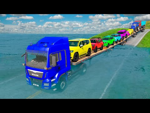 Triple Flatbed Trailer McQueen Transportation with Truck - Speedbumps vs Cars vs Train - BeamNG #221