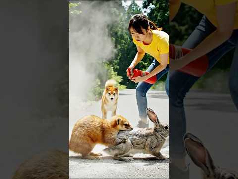 Shiba Inu dog and his owner go to rescue a rabbit in trouble on the roadside