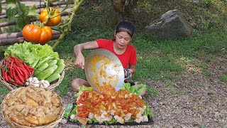 Yummy! Fish salad spicy cooking with Tomato, Survival cooking in forest
