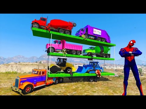 New Colored Spiderman & Super Heroes  Loading Super Cars & Big Trucks  Into A Giant Trailer new