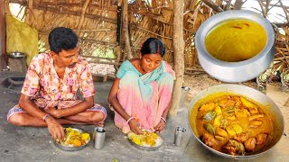 FISH EGG CURRY with BRINJAL and DAL recipe cooking and eating by santali couple