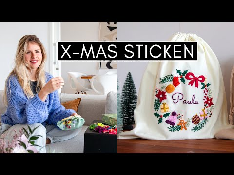 Weihnachtssäckchen besticken für Geschenke - Adventskranz sticken und Stickstiche lernen