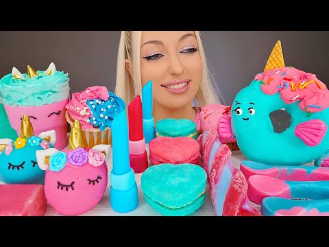 ASMR EATING PINK & BLUE FOOD, ICE CREAM, CAKE, EDIBLE SPOONS, LIPSTICK, JELLY, DONUT, MUKBANG, 컬러 먹방