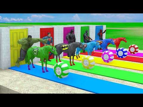 Red HORSE SPIDERMAN Crossing On RAINBOW FOUNTAIN Bridge With Horse Superheroes Rescue Animals Game