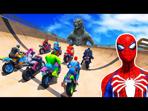 RACING SPIDERMAN Motorbikes Epic Stunts On Beach Mega Ramp Challenge, SUPERHEROES TRUCKS Race- GTA 5