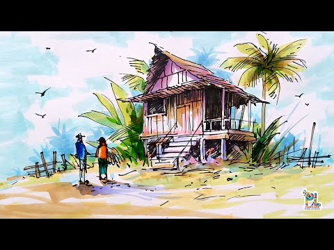 Easy Wooden Hut in Scenery Art with Line and Brush Sketch Pens