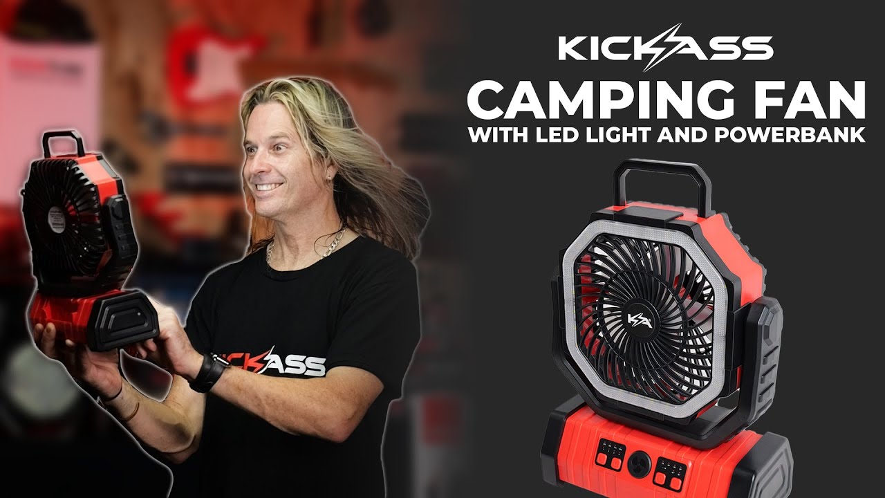 Watch Video of KickAss Camping Fan with LED Light and Power Bank