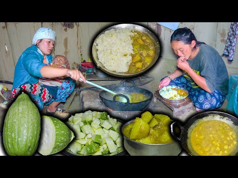 Pharsi tarkari || Green Pumpkin Curry Recipe with rice || Village style cooking and eating Vlog