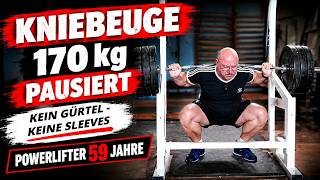 Kniebeuge lang pausiert 170 kg ohne Sleeves und Gürtel - 59 Jahre alter Powerlifter