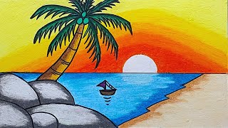 Gambar Pemandangan | Cara Menggambar Pemandangan Sunset Yang Indah Di Pantai Dengan Oil Pastels