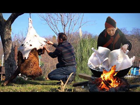 Making Azerbaijan Traditional Dried Meat in the Village