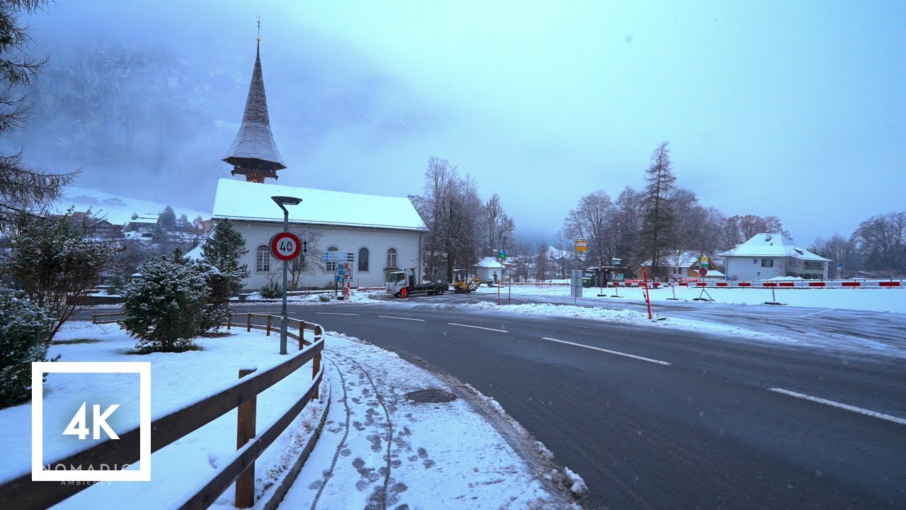 Lauterbrunnen, Switzerland Snowfall Walk, River Walk Along Weisse, River and Nature Sounds