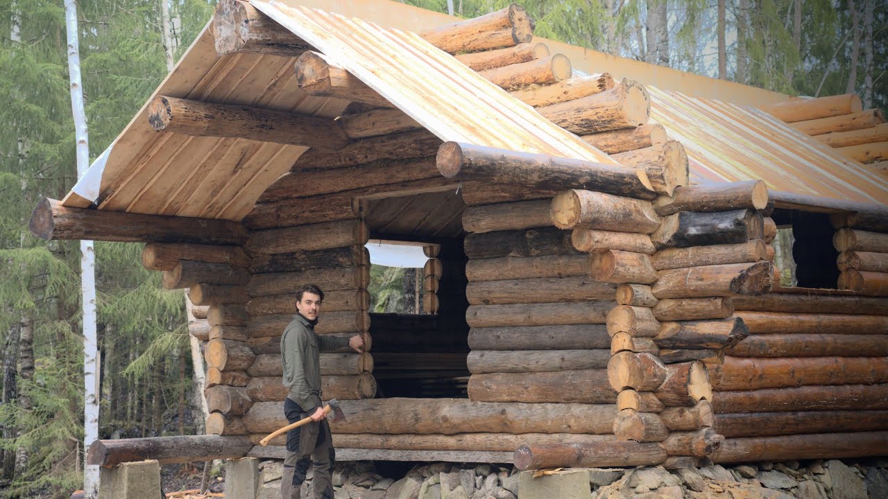 Rustic Log Cabin Roof Build family visits Secluded Forest