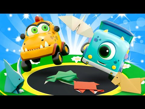 Os carros Mocas brincam com os animais de papel! Desenho animado infantil dos carrinhos monstrinhos