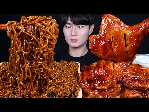 짜파구리 붐바스틱 치킨 먹방ASMR MUKBANG SPICY BLACK BEAN NOODLES & SPICY BBQ CHICKEN チキン チャジャンラーメン eating sounds