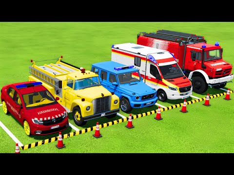 TRANSPORTING POLICE CARS, AMBULANCE, FIRE DEPARTMENT VEHICLES WITH MAN TRUCKS TO THE GARAGE ! FS22