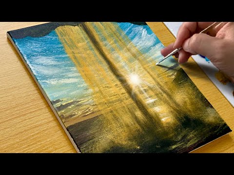 Easy Way to Draw a Sunset Waterfall / Acrylic Painting for Beginners