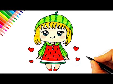Karpuz Elbiseli Kız Çizimi 🍉 Kolay Kız Çizimi - Kız Resmi Nasıl Çizilir? - Girl Drawing Easy