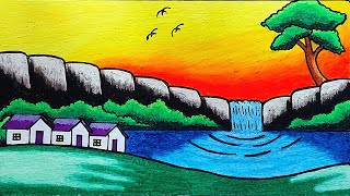 Easy Scenery Drawing | How To Draw Waterfall and Sunset Scenery With Oil Pastels
