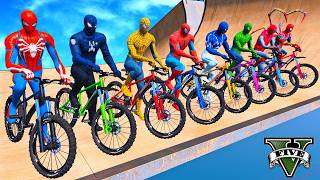 TEAM SPIDERMAN RACING BICYCLES STUNTS JUMPS CHALLENGE on GRAND CANYON MEGA RAMP - GTA 5
