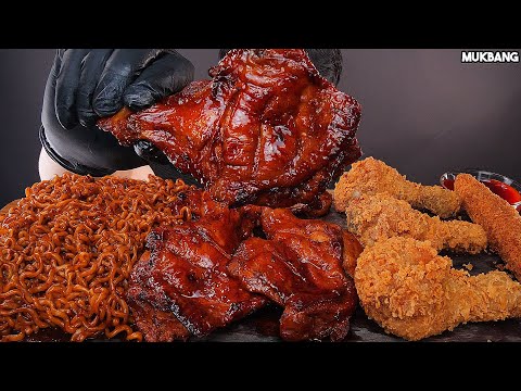 ASMR MUKBANG | BBQ Chicken 🍗 Spicy Black Bean Noodles EATING 짜장불닭볶음면 자메이카 통다리구이 치킨 소스 퐁당! 먹방