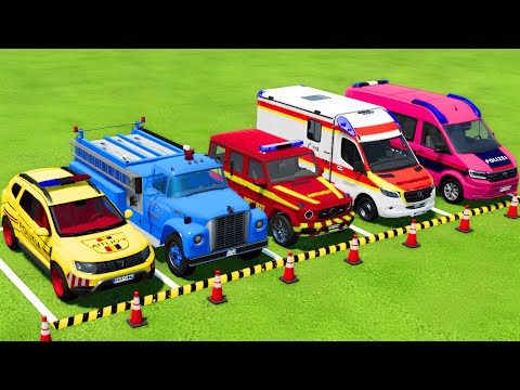 TRANSPORTING POLICE CARS, FIRE DEPARTMENT, AMBULANCE VEHICLES WITH TRUCKS ! Farming Simulator 22