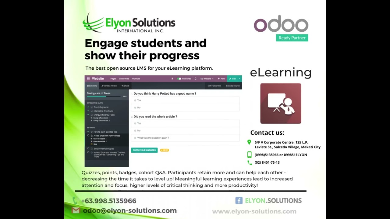 Learning Management System (LMS).  Odoo eLearning Platform by Elyon Solutions. | 3/23/2021

LMS (Learning Management System). eLearning Platform by Elyon Solutions. For free software trial, free demo: contact John ...