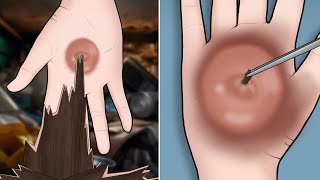 ASMR Remove Huge Splinter from Homeless girl palm Animation