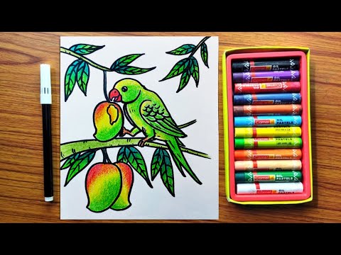 Cute Parrot Eating Mango on Tree | How to Draw a Parrot | Bird Drawing