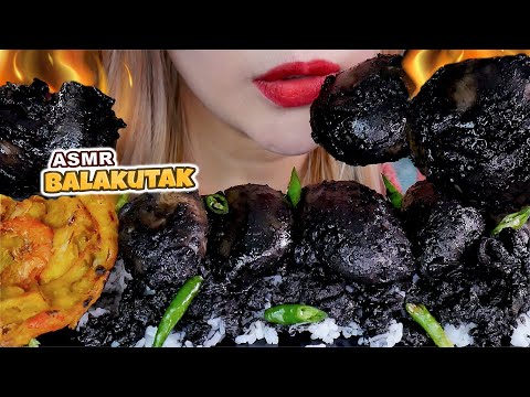 ASMR🐙🖤CUMI TINTA HITAM BALAKUTAK BAKWAN UDANG💥BLACK INK SQUID WITH RICE EATING SOUND