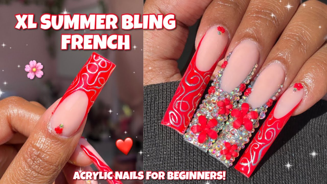 XL RED FLOWER BLING FLOWER FRENCH ✨❤️ Easy Summer Nail Art | Acrylic At Home For Beginners