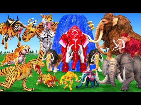 10 Mammoth Elephant Cow vs 10 Giant Tiger Wolf vs Dinosaur Fight Tiger Cub Saved by Woolly Mammoth