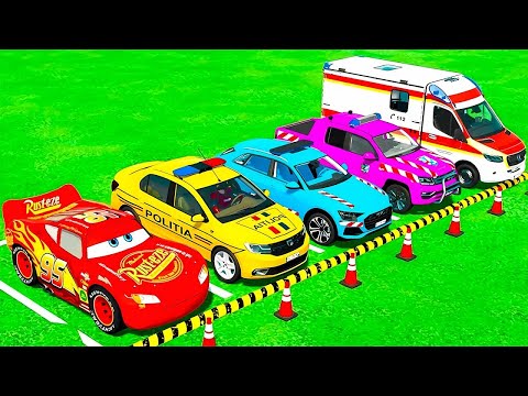 TRANSPORTING PIXAR CARS & FRUITS WITH COLORED & JOHN DEERE vs CLAAS vs TRACTORS - BeamNG.drive #962