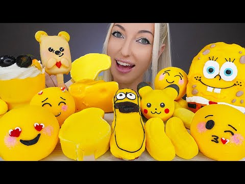 ASMR YELLOW FOOD, EMOJI CAKE, ICE CREAM, SPONGEBOB DONUT, JELLY (DESSERT) MUKBANG, 디저트, 컬러 먹방