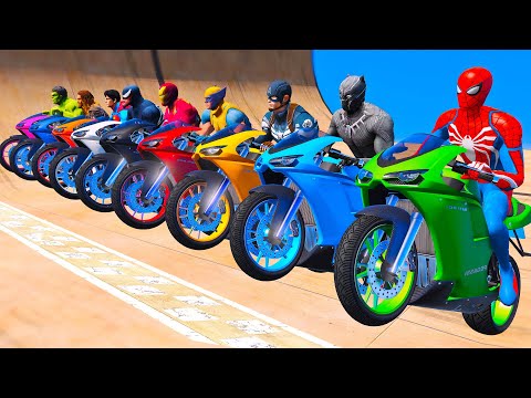 SPIDERMAN IN RED AVENGERS TEAM Racing Motorcycles Competition Challenge on Double Mega Ramp - GTA 5