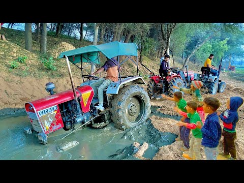 3 tractor Pulling together Eicher 241 Stuck in Mud | VST Shakti VT 224 1D 4Wd | Escort Steeltrac 15