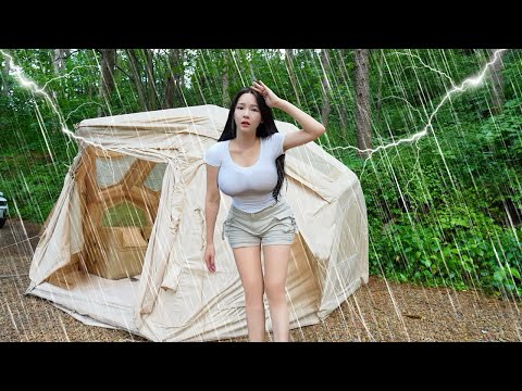 ☔️Rainy Camping with Luxury Inflatable Tent | Rain & Thunderstorm ASMR