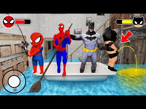 Playing as SpiderMan Family vs Batman Family - Flooded Water in Granny House