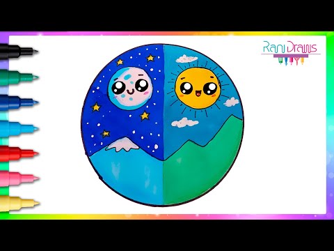 Cómo dibujar PAISAJE KAWAII DE DÍA Y NOCHE | Tutorial de dibujo fácil Paso a paso